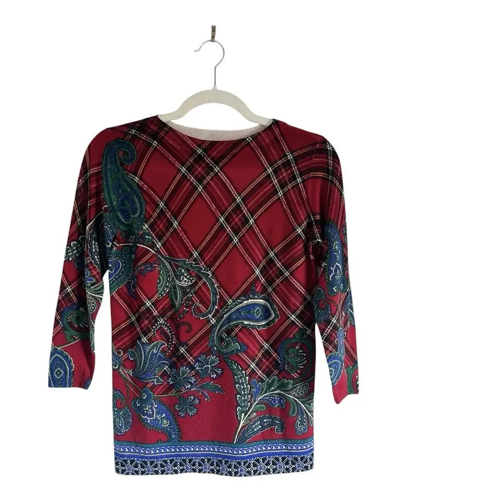 Talbots Merino Wool Sweater Sz SmallRed Plaid Paisley Holiday Christmas Preppy - Picture 2 of 9